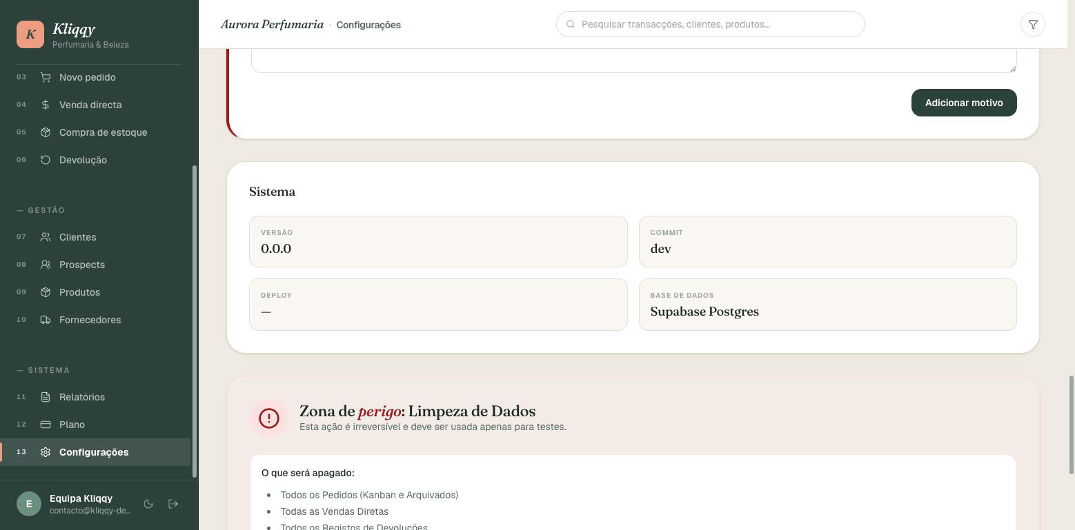 Informação do sistema e zona de perigo com opção de limpar dados