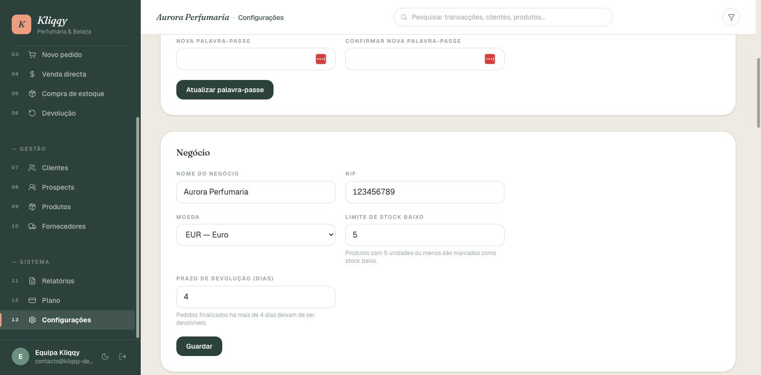 Ecrã de Configurações — dados do negócio