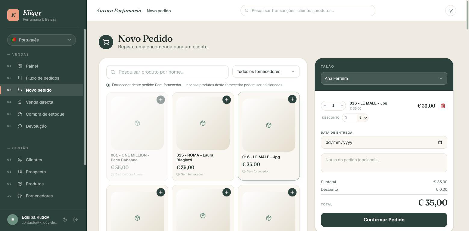 Ecrã de Novo pedido com cliente e produto selecionados