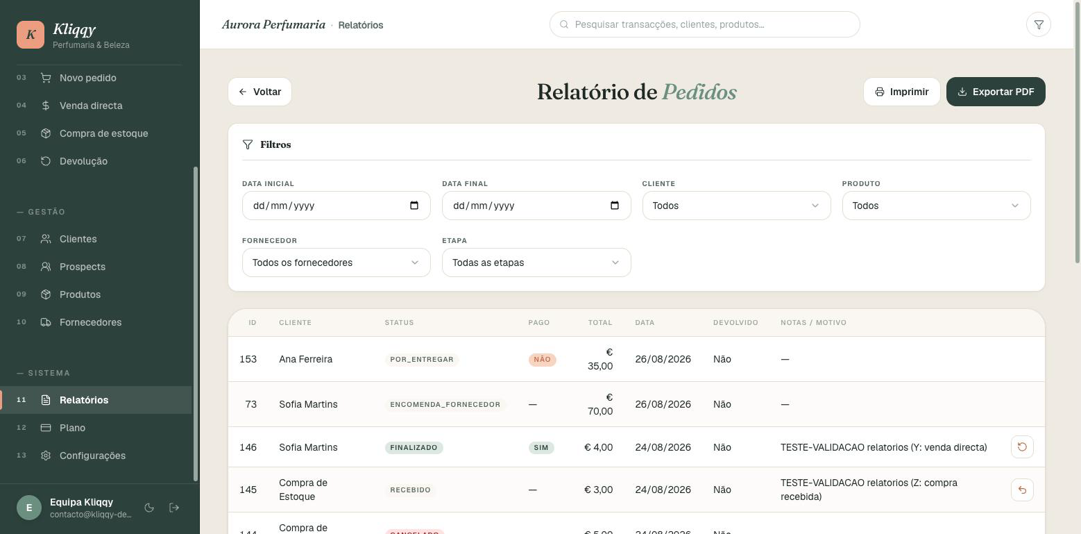 Ecrã de Relatórios com filtros
