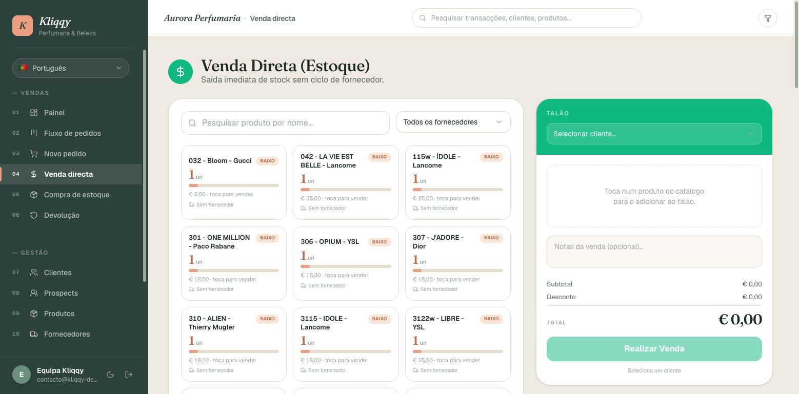 Ecrã de Venda directa com produtos disponíveis